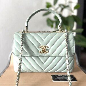 Authentic CHANEL Trendy Chevron Lambskin Quilted Dual Handle Flap Bag Mint Tote
